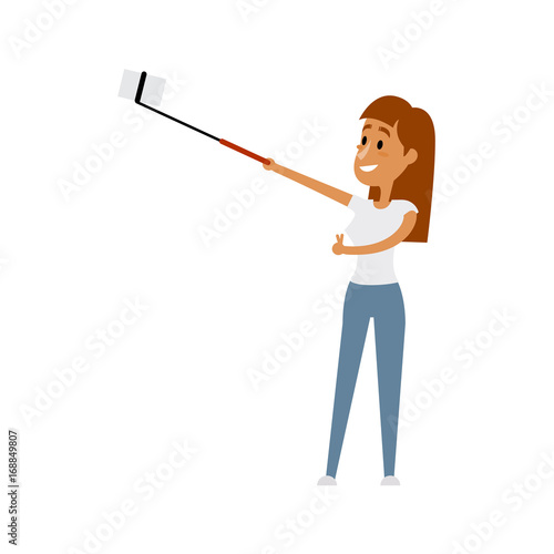 Pretty girl, young woman making selfie with phone and monopod, flat style cartoon vector illustration isolated on white background. Pretty woman, beautiful girl making selfie with her smarphone