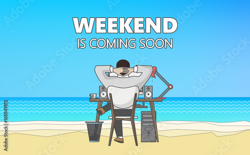 Flat Vector Graphics of Businessman on the beach. Businessman dreaming in the office. 