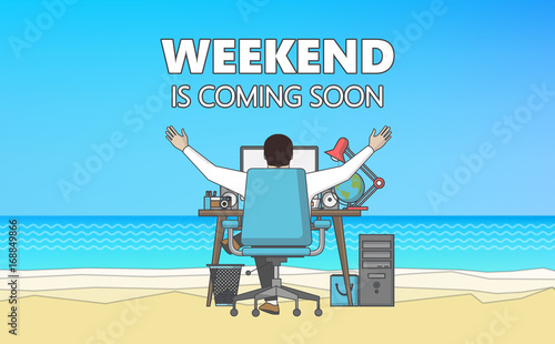 Flat Vector Graphics of Businessman on the beach. Businessman dreaming in the office. 
