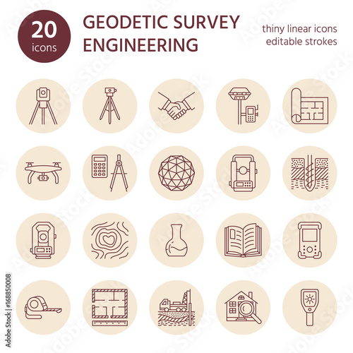 Geodetic survey engineering vector flat line icons. Geodesy equipment, tacheometer, theodolite, tripod. Geological research, building measurement inspection illustration. Construction service signs.