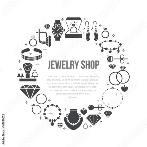 Jewelry shop, diamond accessories banner illustration. Vector glyph line icon of jewels - gold engagement rings, gem earrings, silver necklaces, brilliant. Fashion store circle template place for text