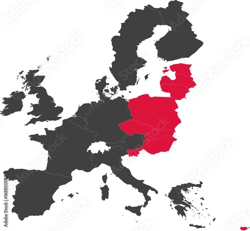 Map of the European Union split into individual countries. Year 2004. Highlighted new EU member states - Cyprus, Czech Republic, Estonia, Hungary, Latvia, Lithuania, Malta, Poland, Slovakia, Slovenia