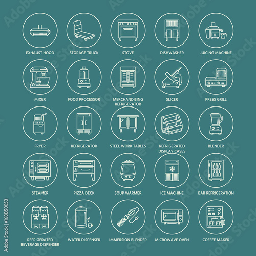 Restaurant professional equipment line icons. Kitchen tools, mixer, blender, fryer, food processor, refrigerator, steamer, microwave oven. Thin linear signs for commercial cooking equipment store.