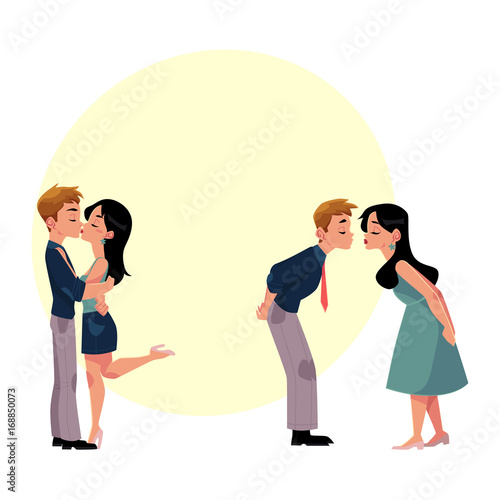 Set of young couple, man and woman, boy and girl kissing romantically, cartoon vector illustration with space for text. Set of four kissing couples, romantic relationships, dating, flirting