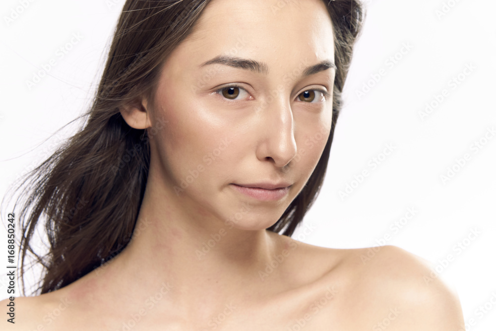 Fototapeta premium Beautiful woman on white isolated background, portrait, natural beauty