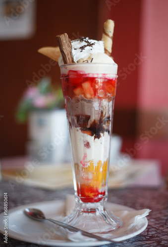 Ice-cream Sundae, Knickerbocker Glory in tall glass photo