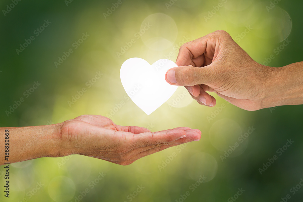 Hand holding and giving white heart to receiving hand on blurred green Hand holding and giving white heart to receiving hand on blurred green