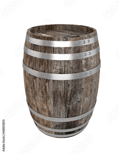 3D realistic render of single old dark wood barrel. White background. Shadows. Clipping path
