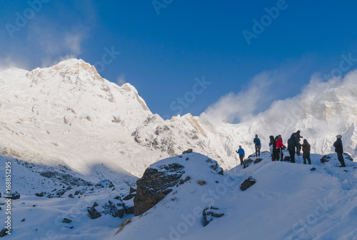 Annapurna Base Camp, Nepal AUG 23 2017 : There are many backpacker on the Annapurna Base Camp Nepal, They have trekked for several day to here and they are taking a photo with friend