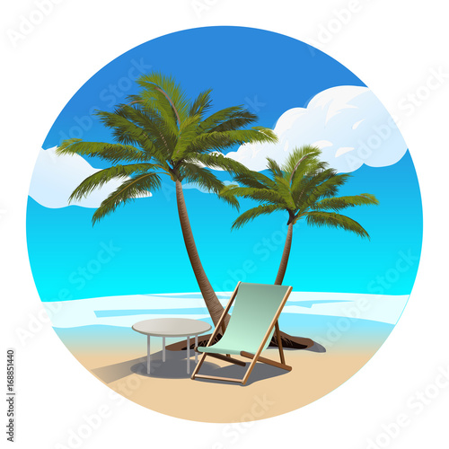 Palms beach and chaise longue vector illustration