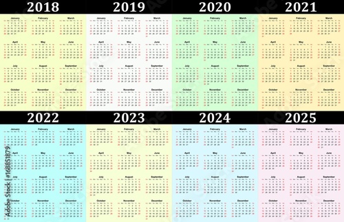 Eight year vector calendar - 2018, 2019, 2020, 2021, 2022, 2023, 2024 and 2025.