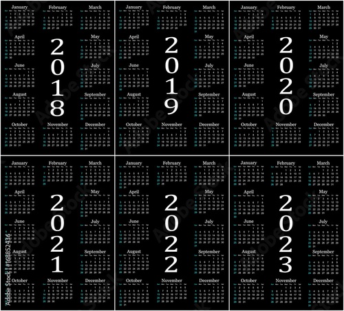 Six year calendar - 2018, 2019, 2020, 2021, 2022 and 2023 in black background.
