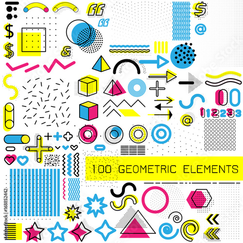 Set of memphis design elements, template for your project, animation, and advertising, advertisement, commercial banner, poster, t-shirt. Collection of geometrical colored vector elements.