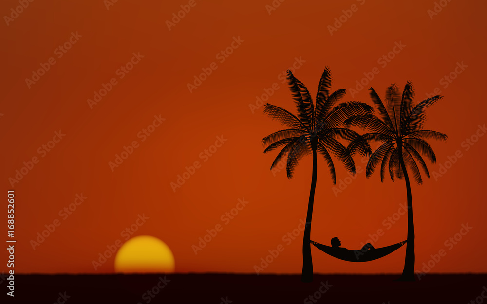 Silhouette palm tree with hammock on beach under sunset sky background