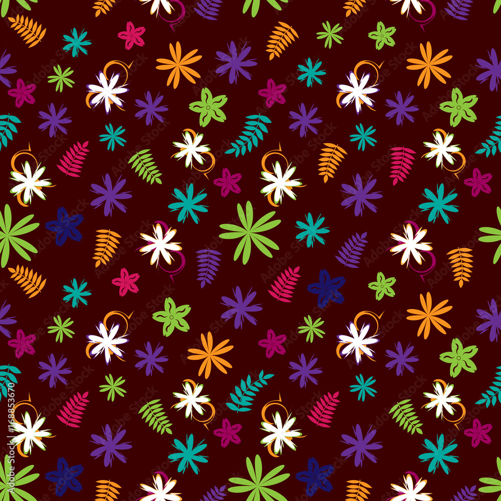 Flowery of child bright pattern in small-scale colored flowers dark background. Floral seamless background for textile, book covers, manufacturing, print Flowery of child bright pattern in small-scale colored flowers dark background. Floral seamless background for textile, book covers, manufacturing, print