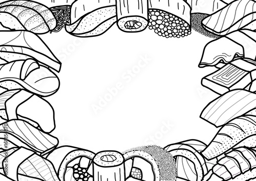 Background design with sushi around the edge in black outline style and blank white space for text at the middle. Cute Japanese food hand drawn style.