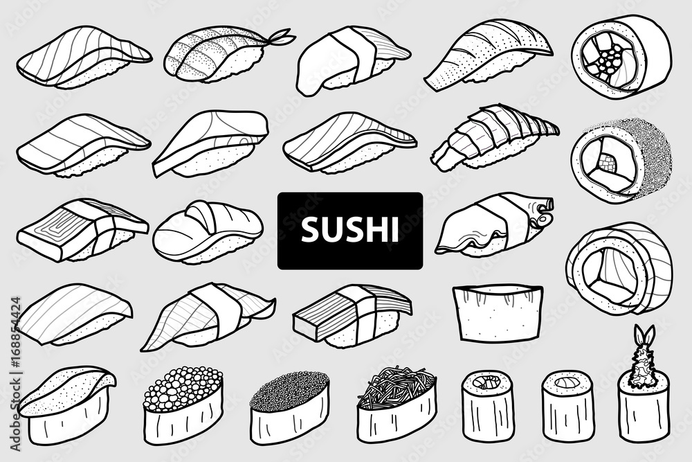 Set of 25 isolated sushi and roll in black outline and white plane. Cute Japanese food hand drawn style.