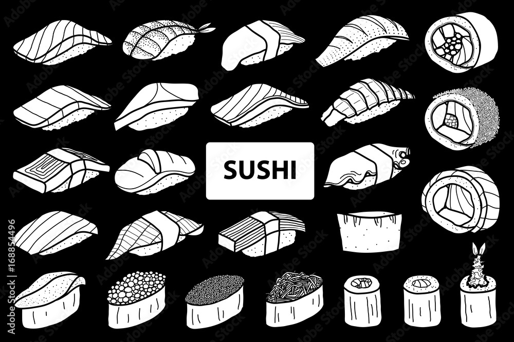 Set of 25 isolated white silhouette sushi and roll. Cute Japanese food hand drawn style.