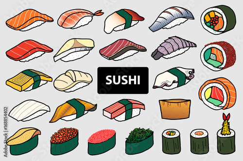 Set of 25 isolated colorful sushi and roll. Cute Japanese food  hand drawn style.
