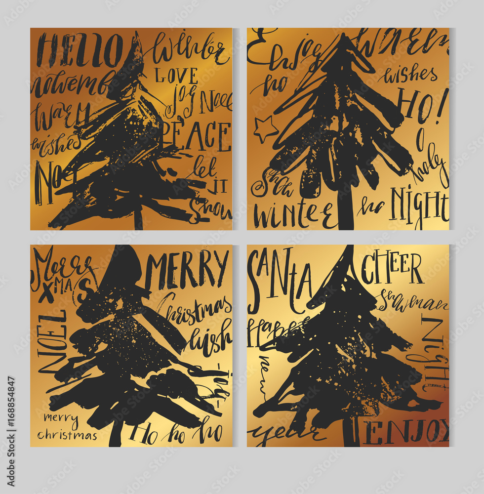 Merry Christmas retro hipster boho card template set with vintage hippie style elements and trendy holiday text quotes in gold metallic color. Ideal for xmas greetings. EPS10 vector.