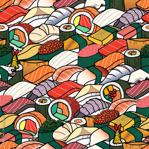 Plenty of colorful sushi and roll. Cute Japanese food hand drawn style. Seamless pattern.