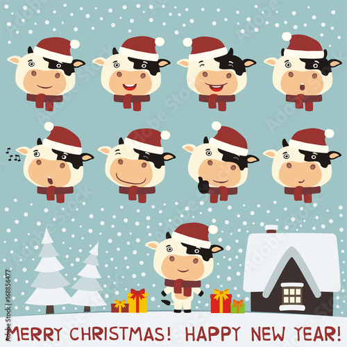 Merry christmas and Happy new year! Set face cow for christmas and new year design. Collection isolated heads of cow in cartoon style.