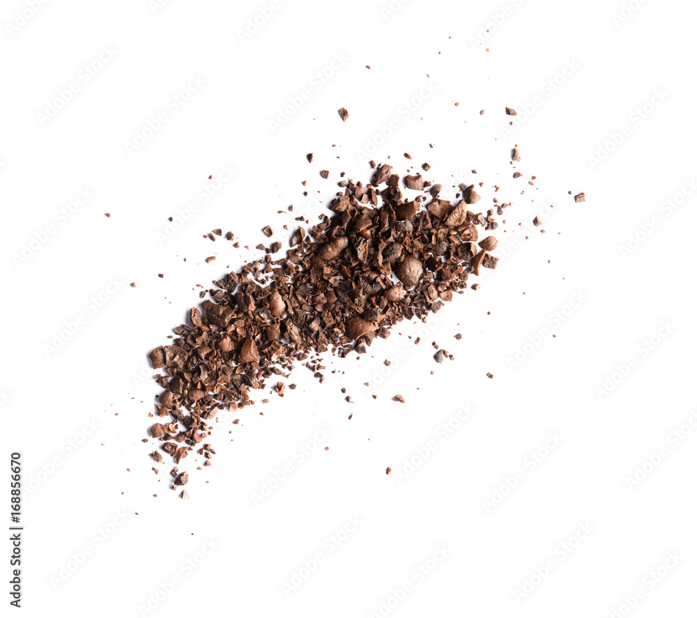 Pile of coffee bean craked powder isolated on white background top view Pile of coffee bean craked powder isolated on white background top view