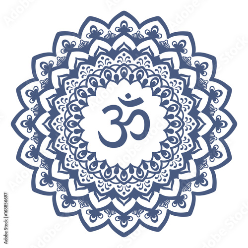 Mandala frame with Om symbol. Hand drawn oriental ornament for greeting card, invitation, coloring book, yoga poster.