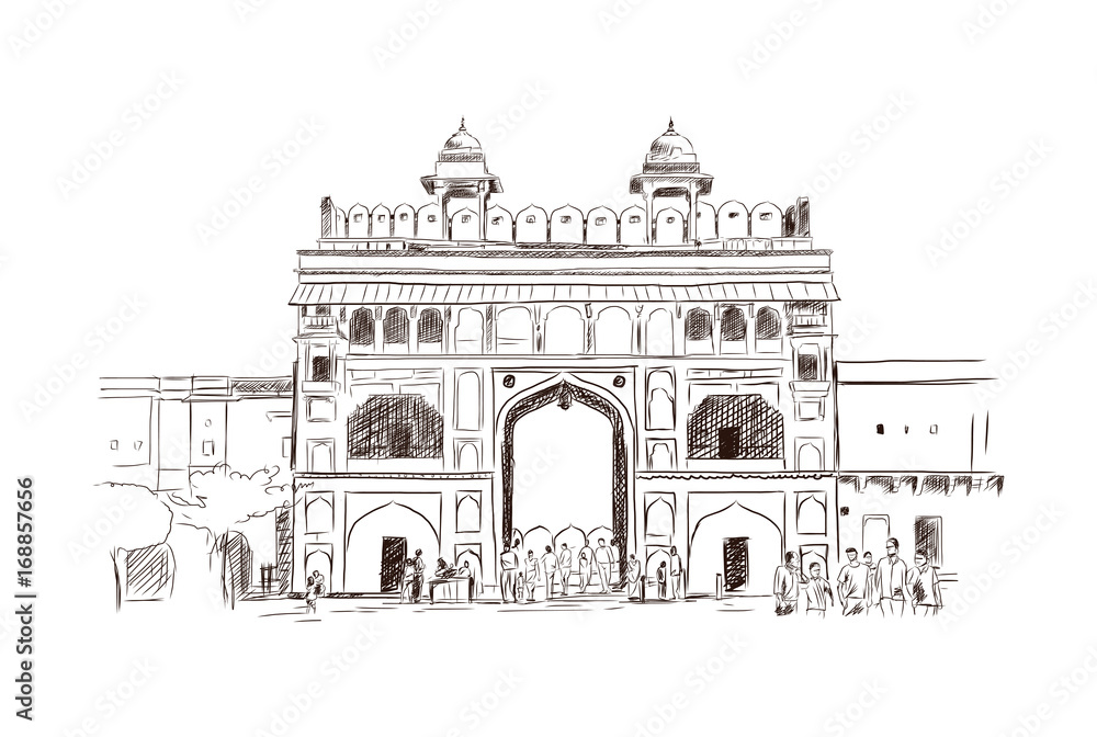 Hand drawn sketch illustration landmark of Amber Fort, Jaipur, India.