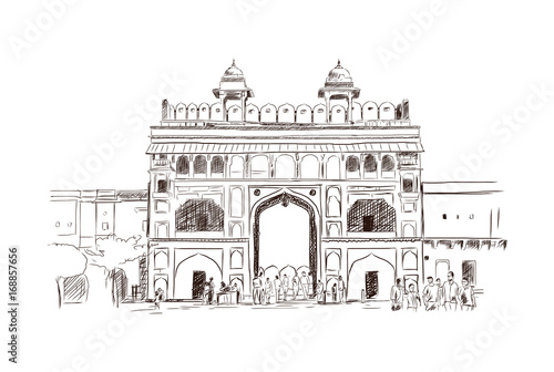 Hand drawn sketch illustration landmark of Amber Fort, Jaipur, India. photo