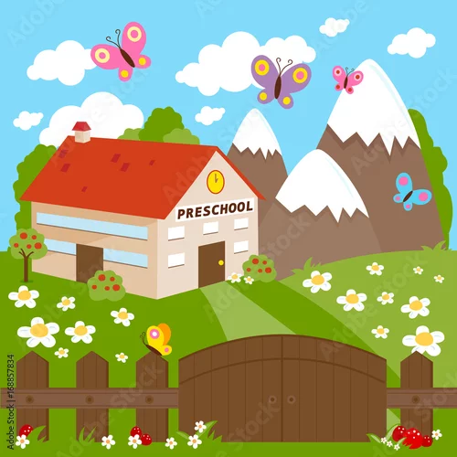 Obraz Budynek przedszkola, łąka i drewniany płot