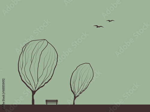 Autumn background with trees in wind. Melancholic emotion symbol vector wallpaper. Birds flying in the sky.
