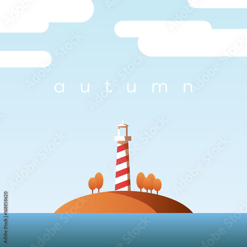 Autumn landscape vector concept with lighthouse on an island and orange trees with foliage in clear fall sky.