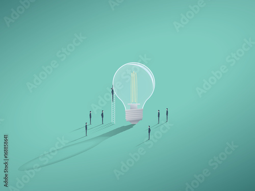 Creative teamwork business concept with businessman standing around lightbulb trying to come up with ideas for innovation. Brainstorming concept.