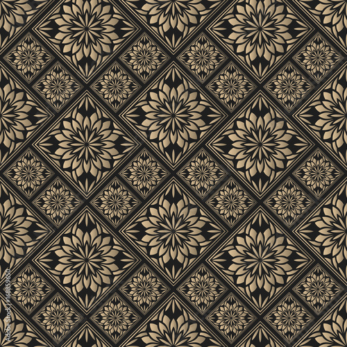 Seamless pattern oriental ornament. Black and golden textile print. Islamic vector design. Floral tiles.