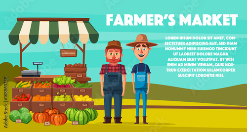 Farm shop. Local stall market. Selling vegetables. Cartoon vector illustration.
