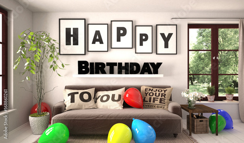 Canvas Print Happy Birthday Zimmer mit bunten Luftballons