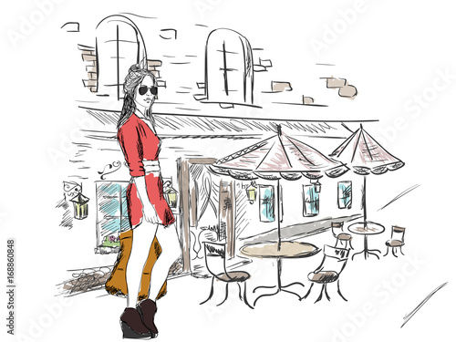 Fashion girl in the big city on the background of architecture. Hand drawn vector illustration.