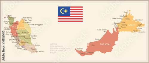 Malaysia - vintage map and flag - illustration