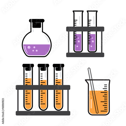 Chemical vessels and flasks with a purple and orange liquid. Vector illustration