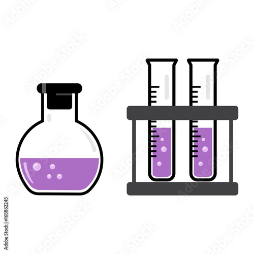 Chemical vessels and flasks with a purple liquid. Vector illustration
