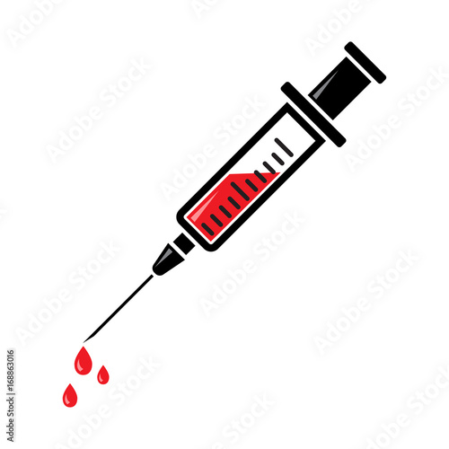 Syringe for injection of a vaccine with red blood fluid. Vector illustration