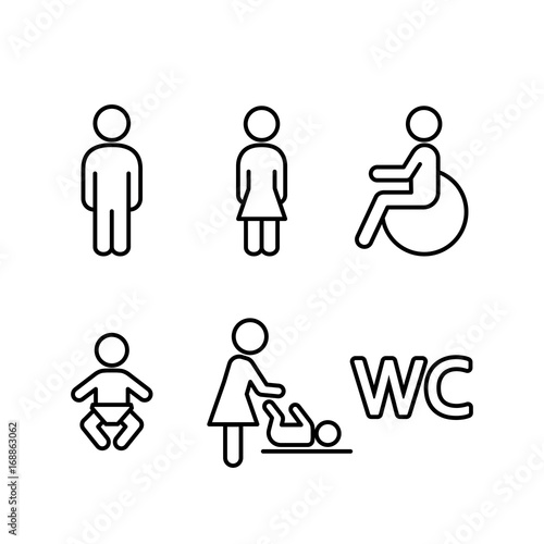 wc restroom toilet line black icons set