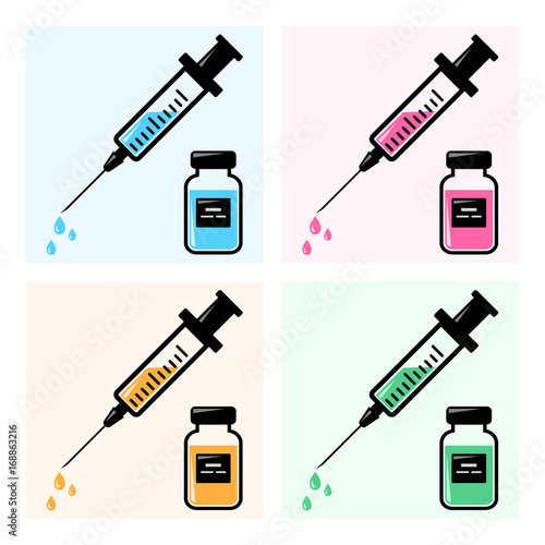 Icons syringes for injection with colorful vaccine, vials of medicine. Vector illustration