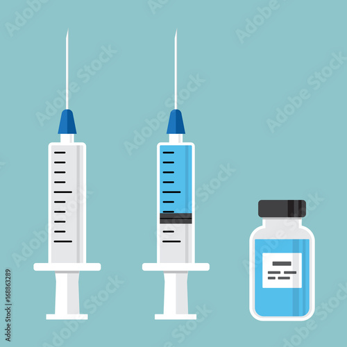 Empty syringe for injection, syringe with blue vaccine, vial of medicine. Vector illustration photo