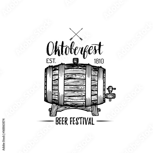 Oktoberfest label. Beer festival sign with hand sketched wooden barrel. Vector vintage brewery badge. Wiesn symbol