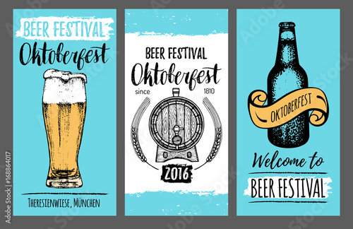 Oktoberfest flyers. Beer festival cards with hand sketched glass, barrel, bottle. Vector brewery posters. Wiesn symbols.