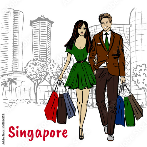 woman and man with shopping bags on Orchard Road