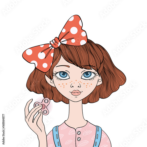 Young cute girl playing with fidget spinner. Hand spinner - popular anti stress toy for school kids and adults. Vector illustration, isolated on white background.
