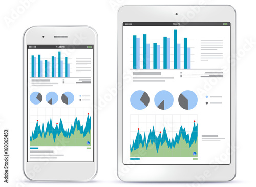 Mobile Phone and Tablet Computer Screens With Financial Charts and Graphs
